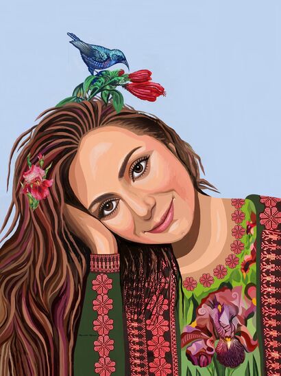 Self-Portrait, Sunbird and Iris on My Head - a Digital Art Artowrk by Marcelle Mansour